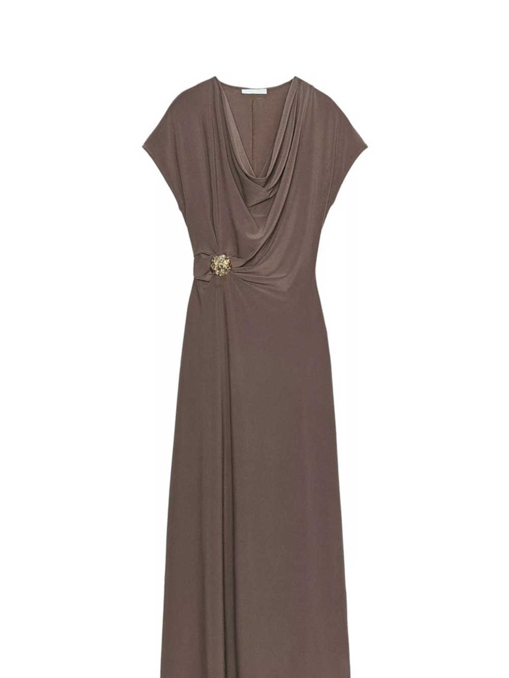 Zara Taupe-Brown Draped Maxi Dress with Decorative Brooch